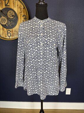 Gap Vintage Blue Circle Print Long Sleeve with Roll Tabs Tunic Blouse | S